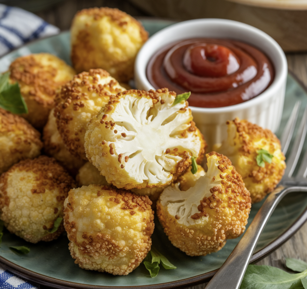 Crispy Keto Cauliflower Tots served with dipping sauces.