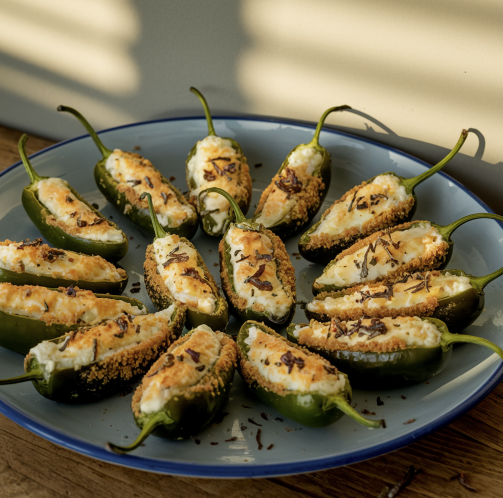 A platter of crispy jalapeño poppers filled with cream cheese, bacon, and spices, paired with dipping sauces.