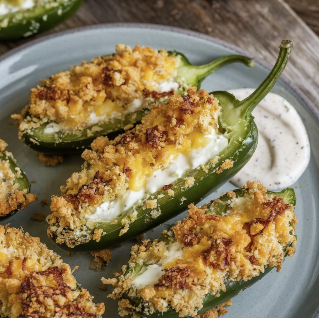 A platter of golden, crispy jalapeño poppers stuffed with cream cheese, bacon, and spices, served with dipping sauces.