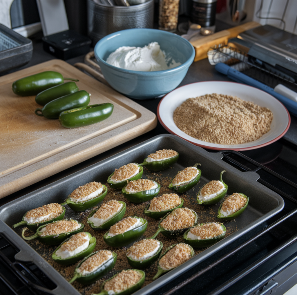 A platter of golden, crispy jalapeño poppers stuffed with cream cheese, bacon, and spices, served with dipping sauces.