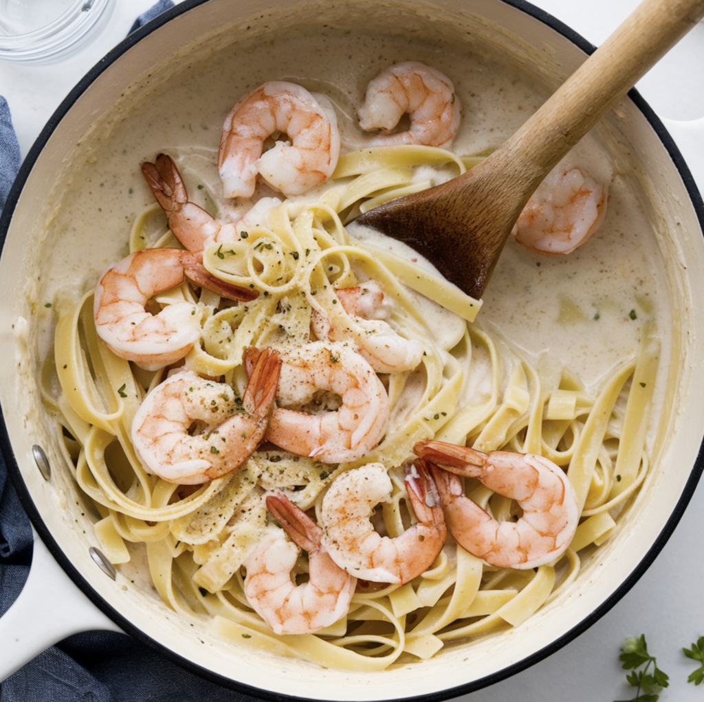 A creamy plate of shrimp alfredo sauce served over pasta with parsley garnish.