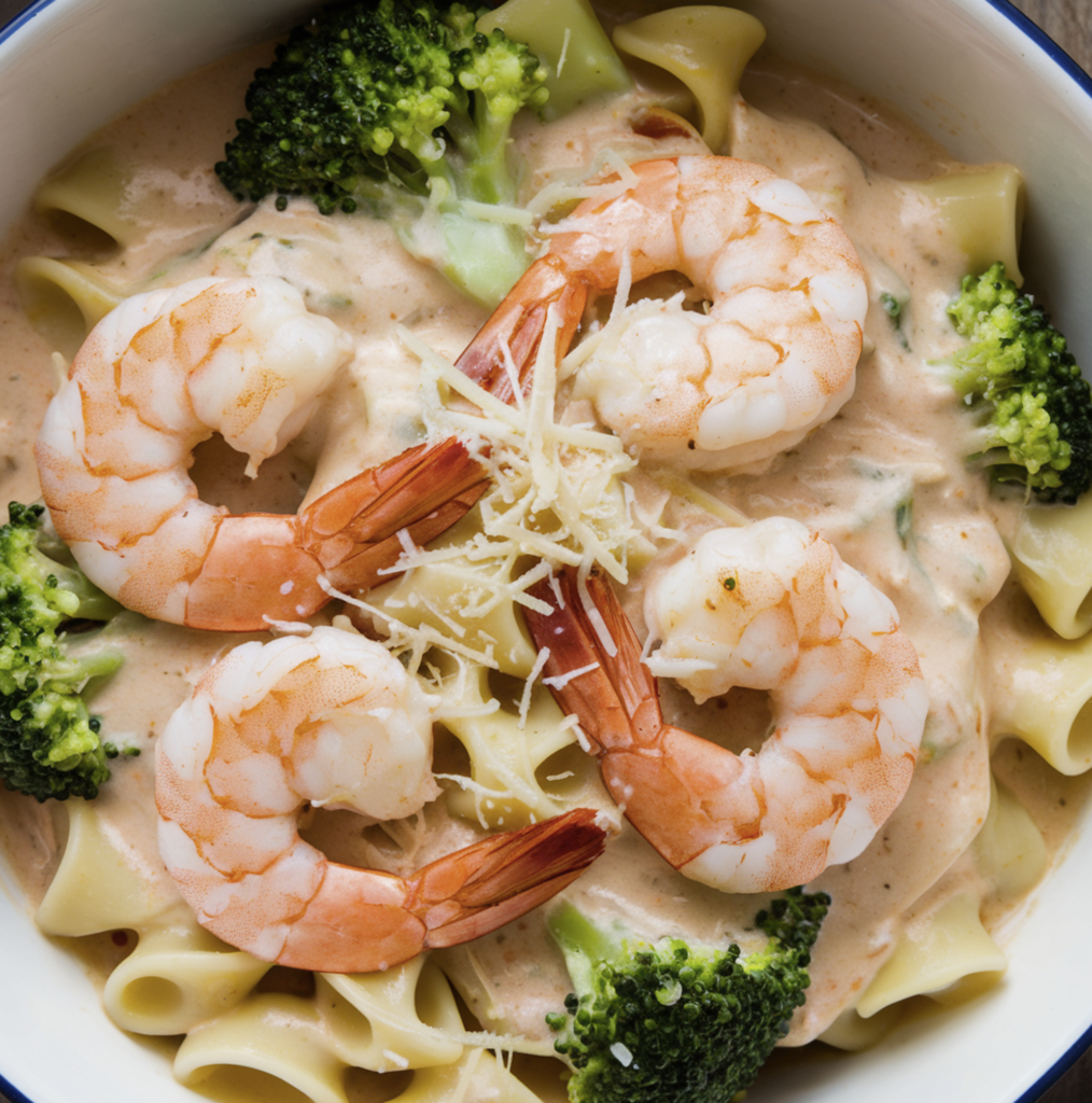 A creamy plate of shrimp alfredo sauce served over pasta with parsley garnish.