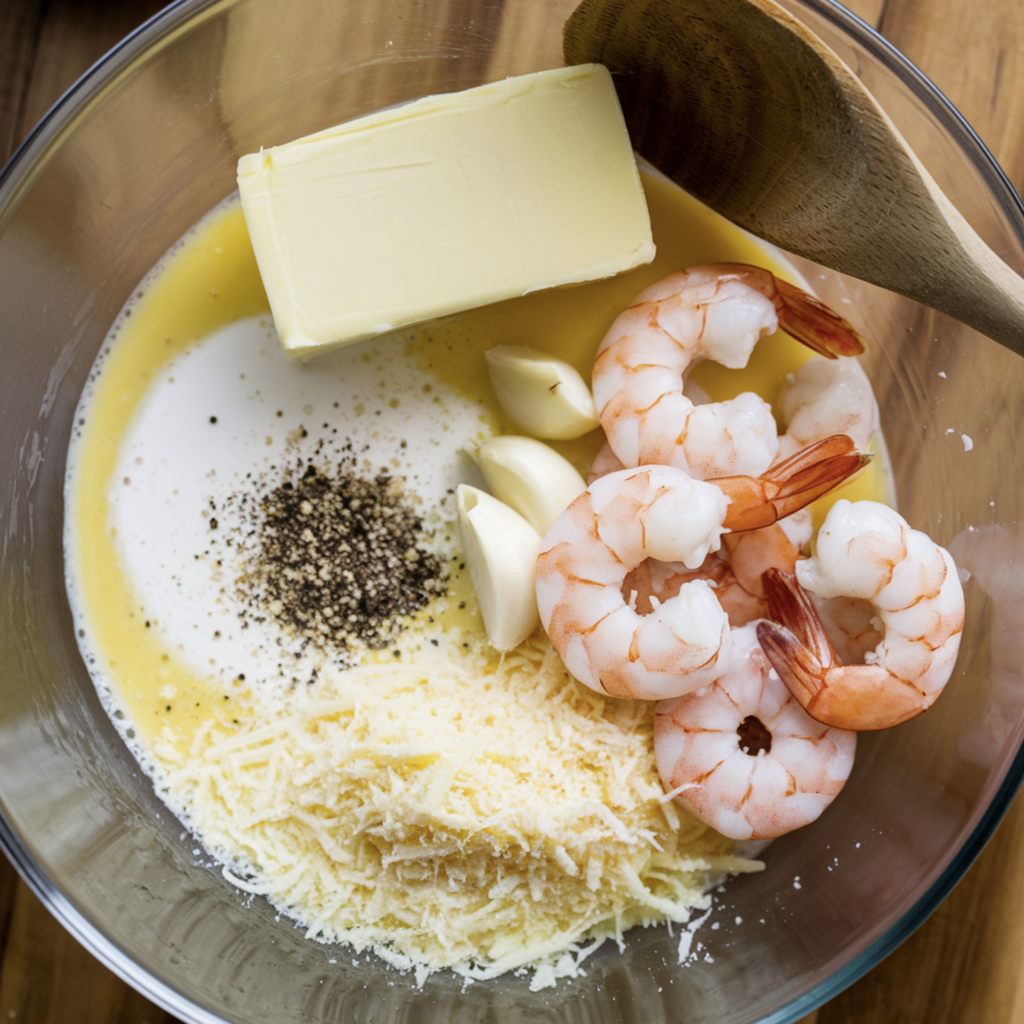 A creamy plate of shrimp alfredo sauce served over pasta with parsley garnish.