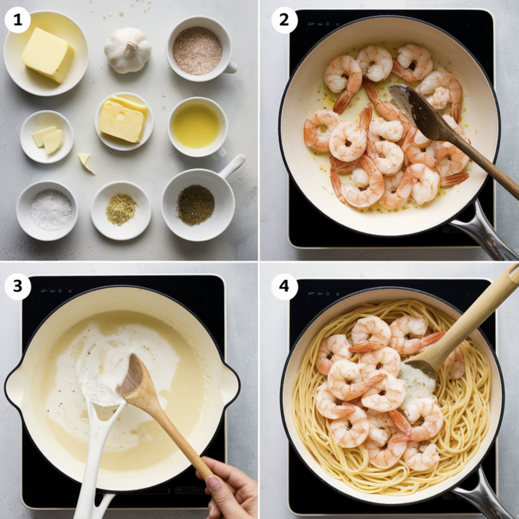 A creamy plate of shrimp alfredo sauce served over pasta with parsley garnish.