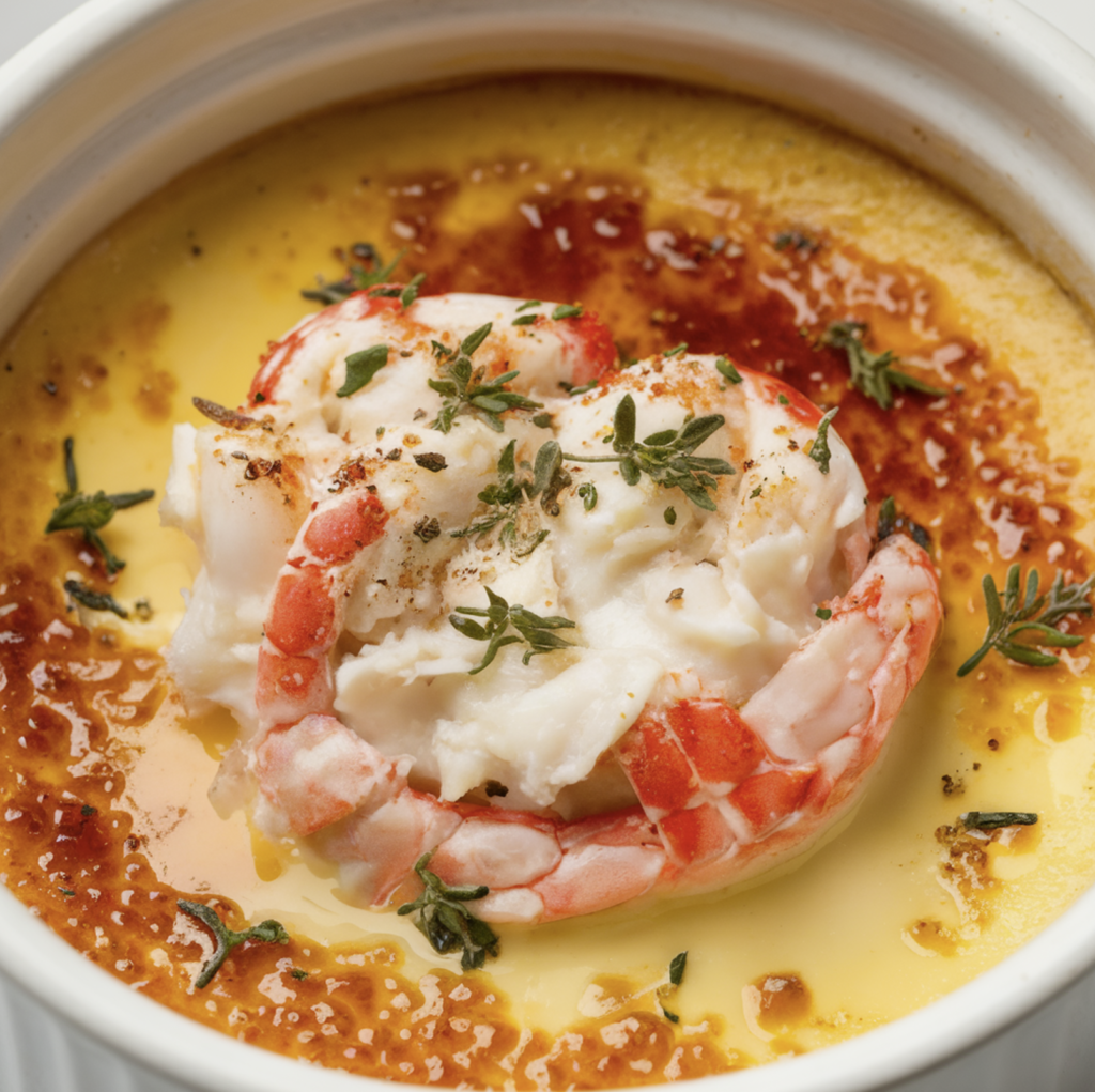 A close-up of a creamy crab brulee topped with caramelized sugar and herbs.