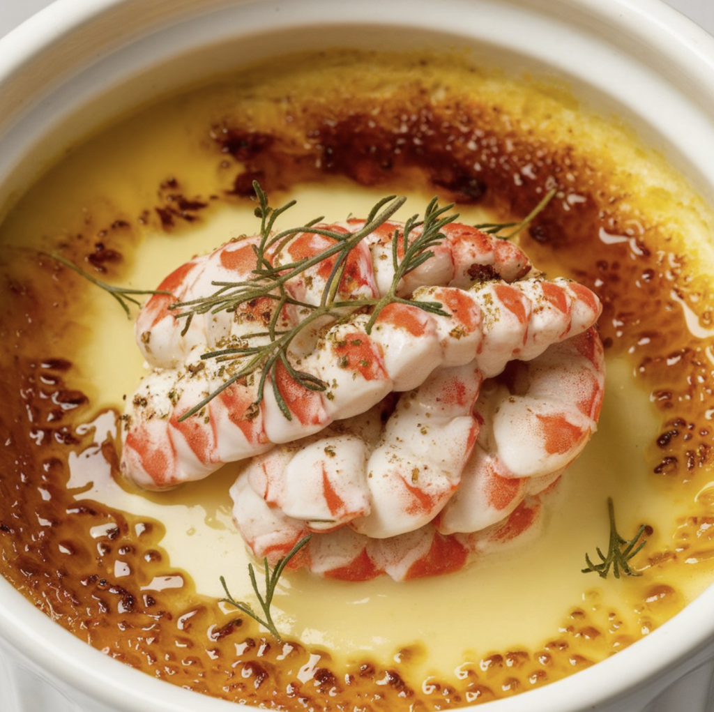 A close-up of a creamy crab brulee topped with caramelized sugar and herbs.