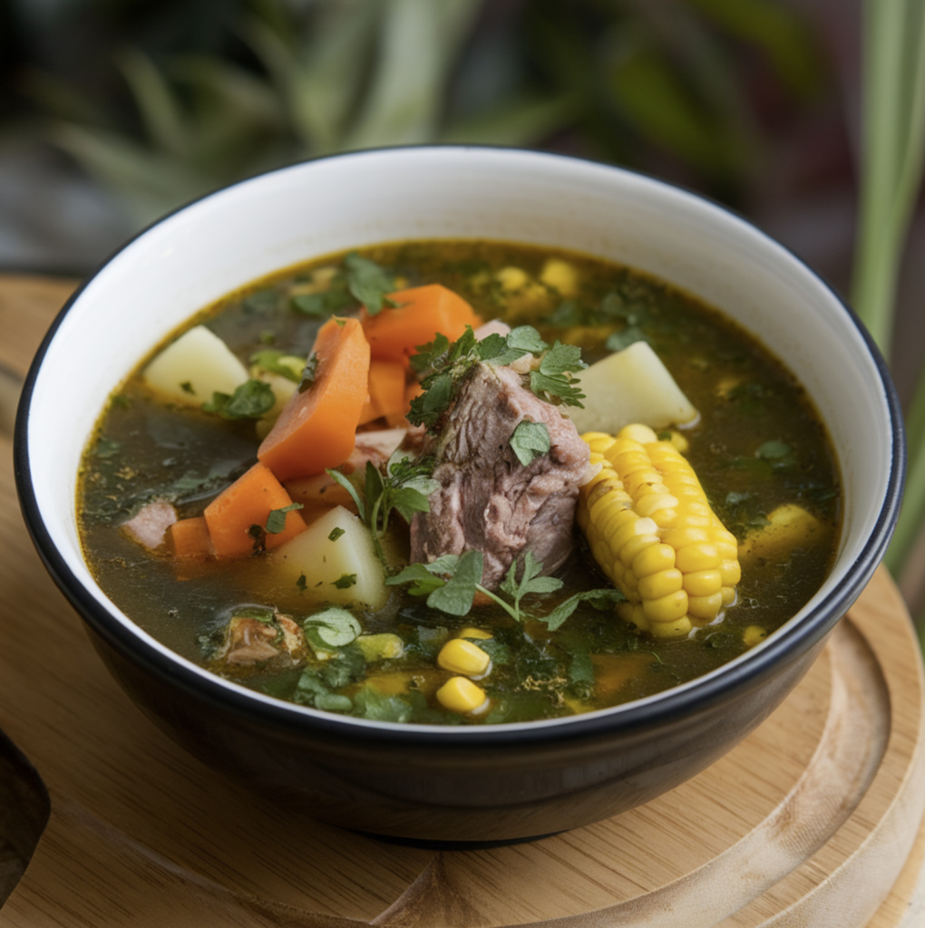 A steaming bowl of swamp soup with vibrant greens, smoky sausage, and colorful vegetables, garnished with parsley.