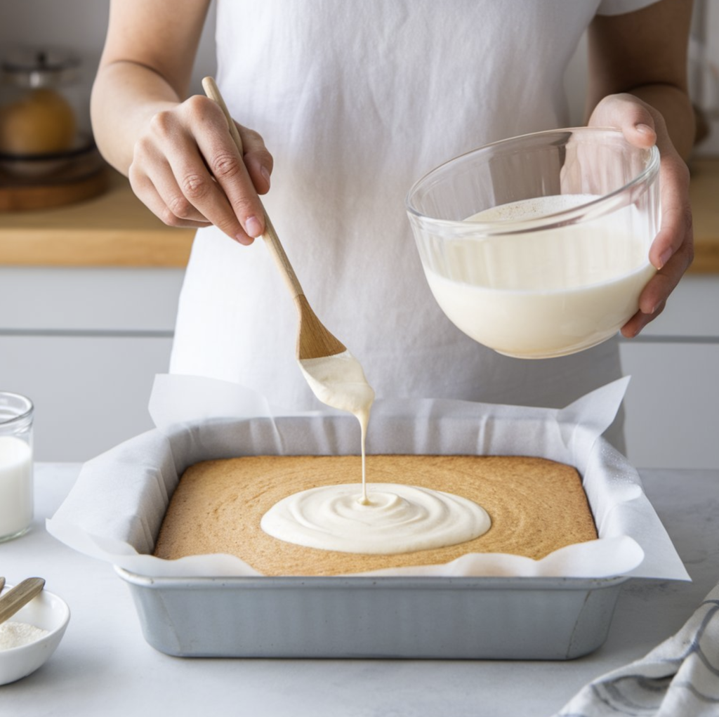 A moist and fluffy kefir sheet cake topped with a delicate glaze and fresh berries, served on a wooden platter.