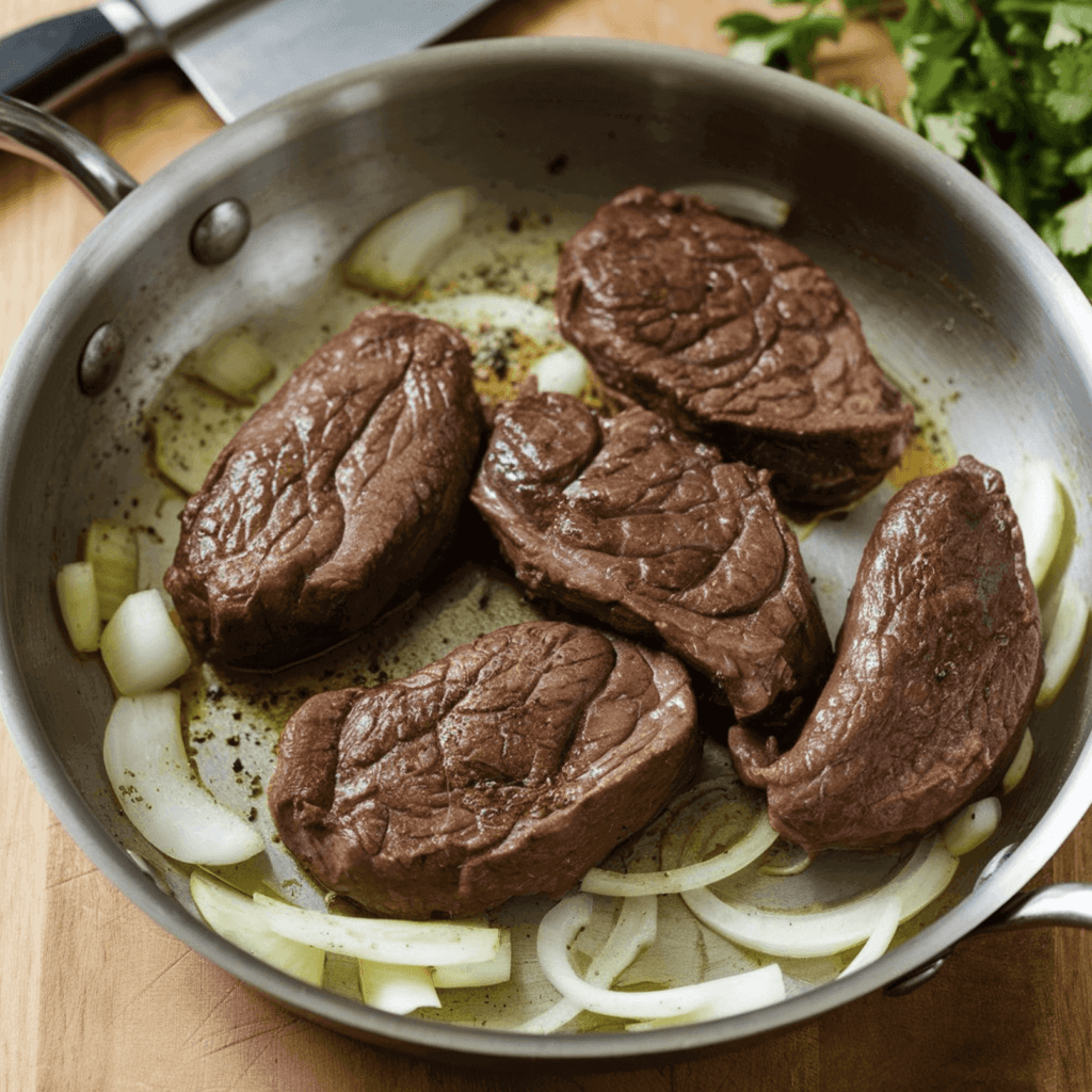 Beef Kidney Recipe A pan of sautéed beef kidneys and onions, cooked until tender and flavorful