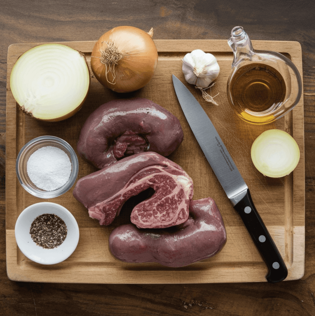 A pan of sautéed beef kidneys and onions, cooked until tender and flavorful