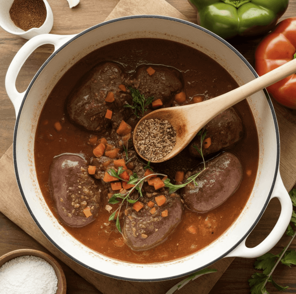 A pan of sautéed beef kidneys and onions, cooked until tender and flavorful