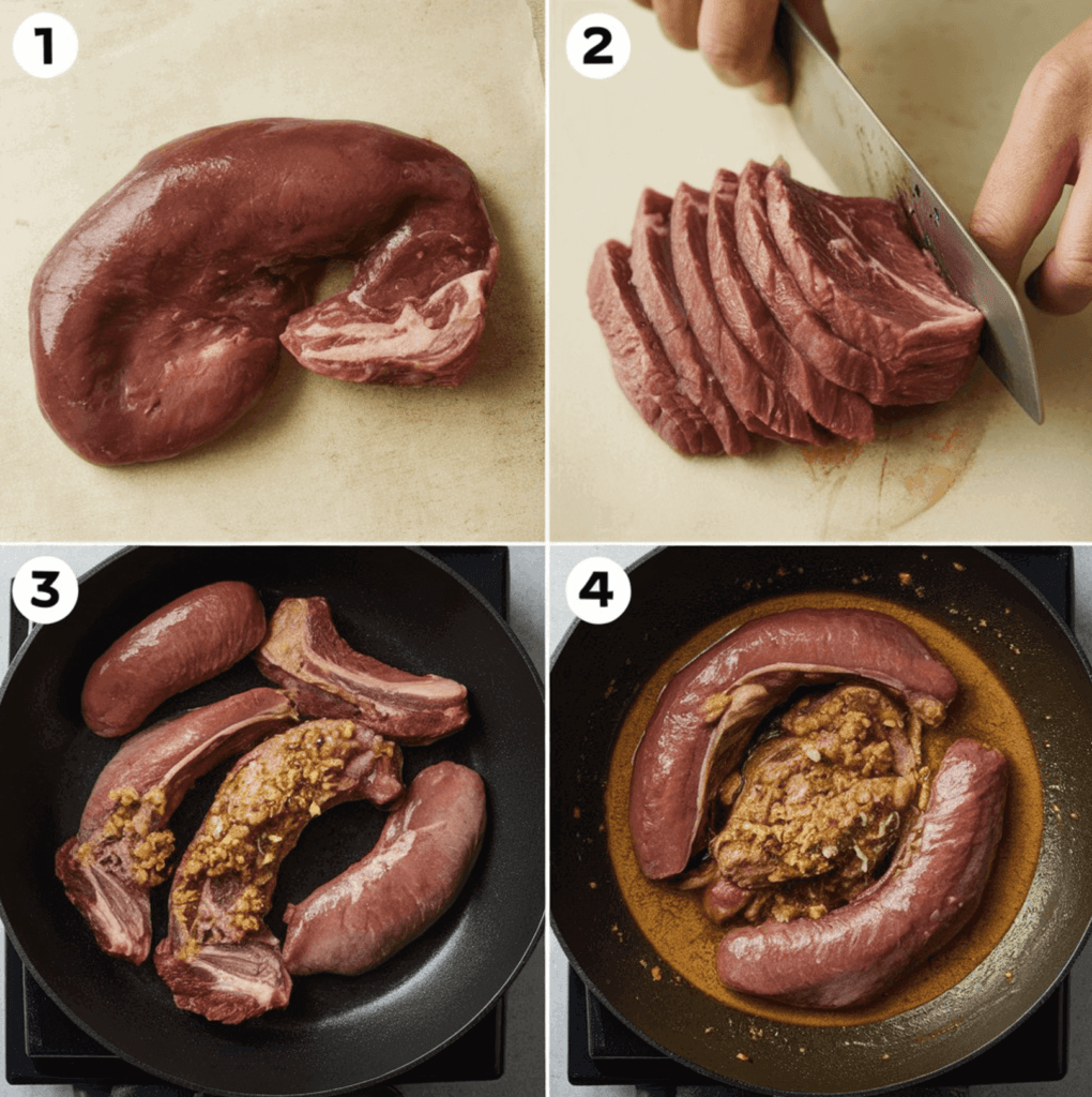 A pan of sautéed beef kidneys and onions, cooked until tender and flavorful