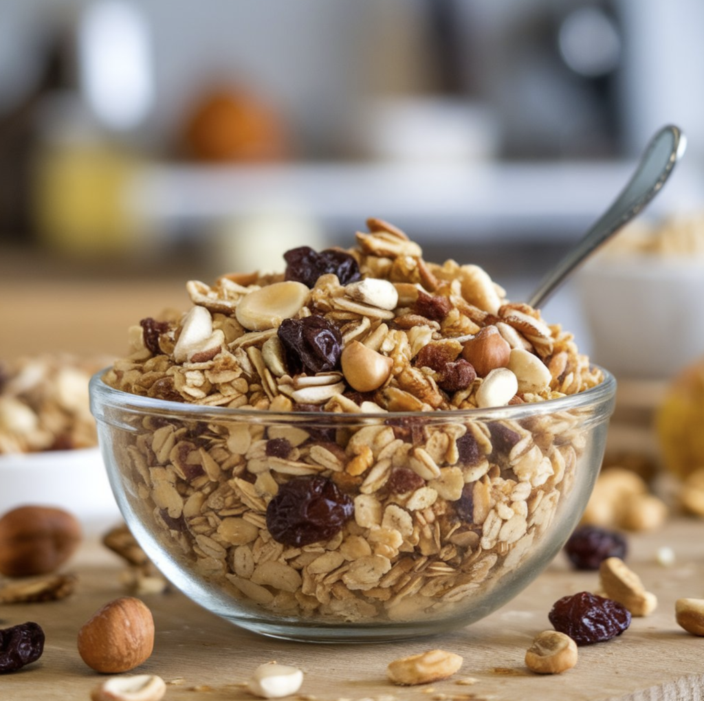 A bowl of vanilla nut granola served with milk, surrounded by oats and nuts.