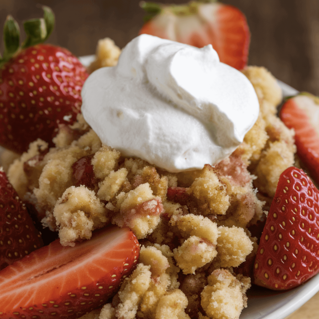 A plate of vibrant strawberry shortcake crumbles featuring golden buttery crumbs, fresh strawberries, and whipped cream.