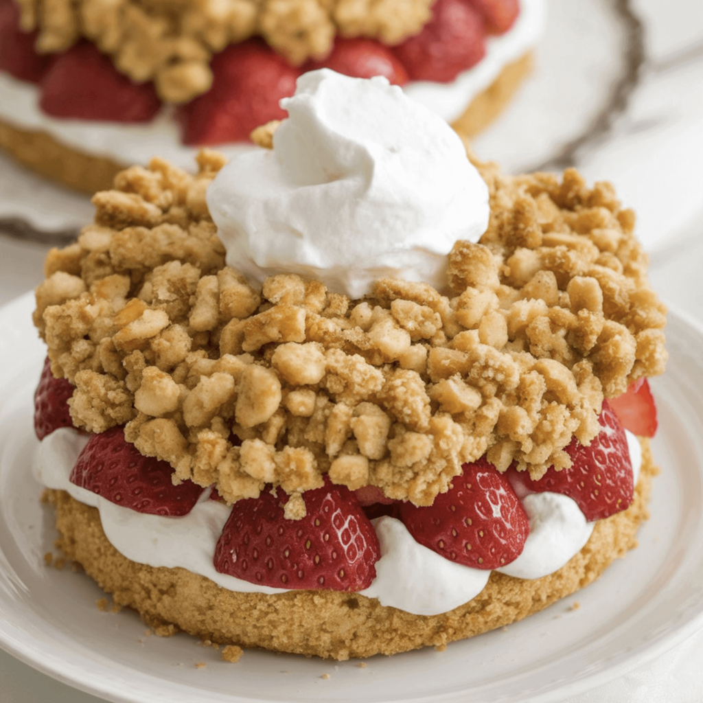 A plate of vibrant strawberry shortcake crumbles featuring golden buttery crumbs, fresh strawberries, and whipped cream.