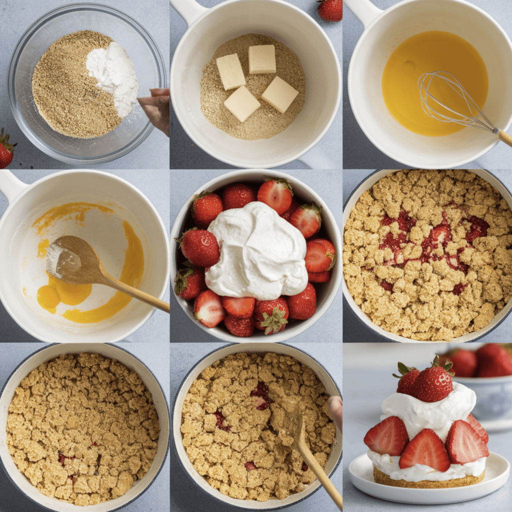 A plate of vibrant strawberry shortcake crumbles featuring golden buttery crumbs, fresh strawberries, and whipped cream.