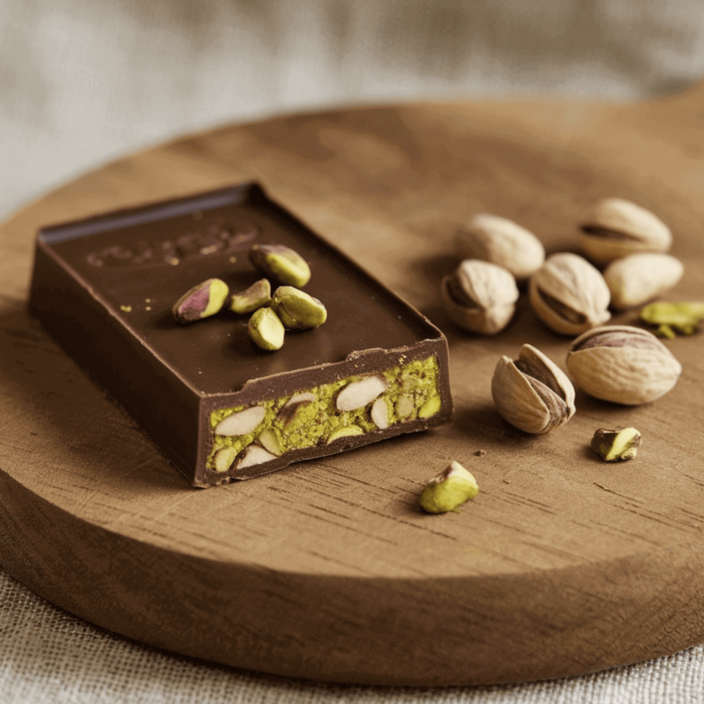 Dubai chocolate bar recipe featuring a rich, luxurious chocolate bar garnished with nuts and gold flakes.