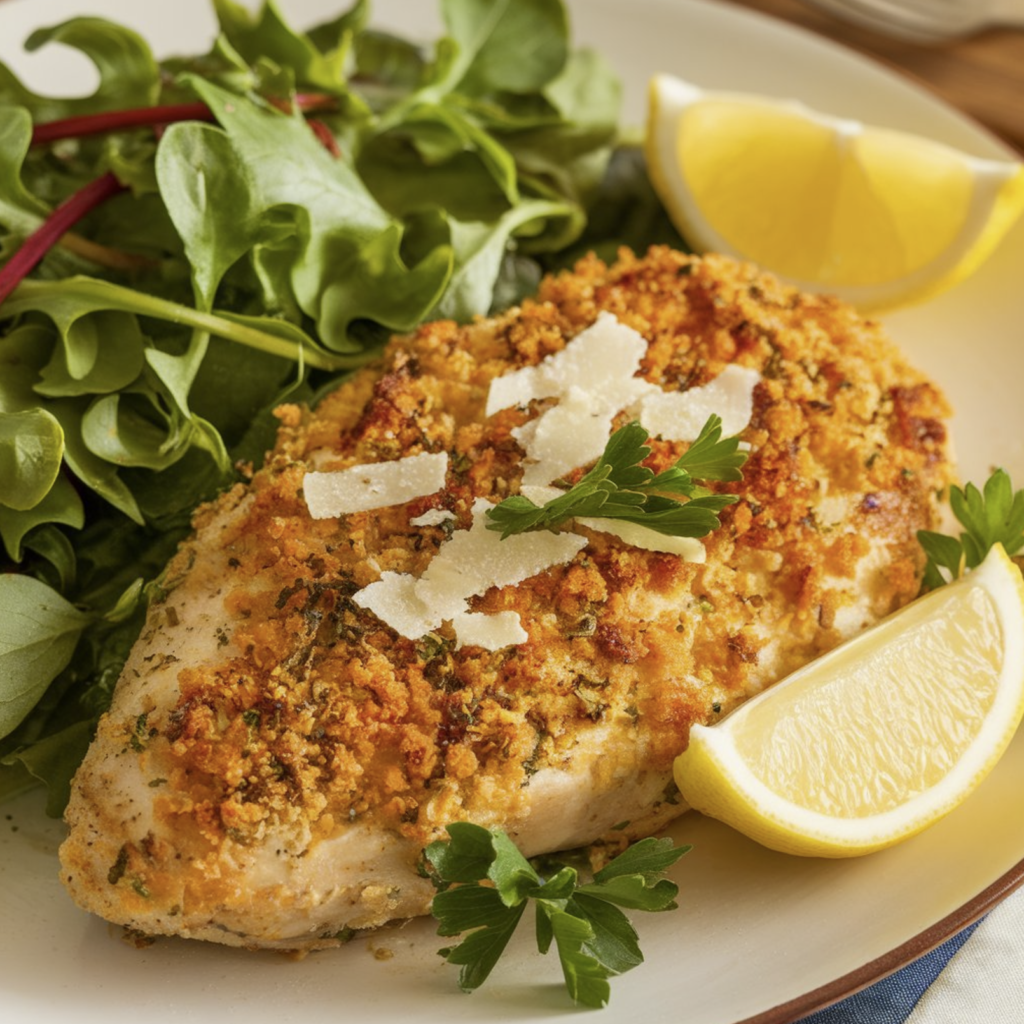 Golden Parmesan crusted chicken served with fresh herbs and a side of roasted vegetables.