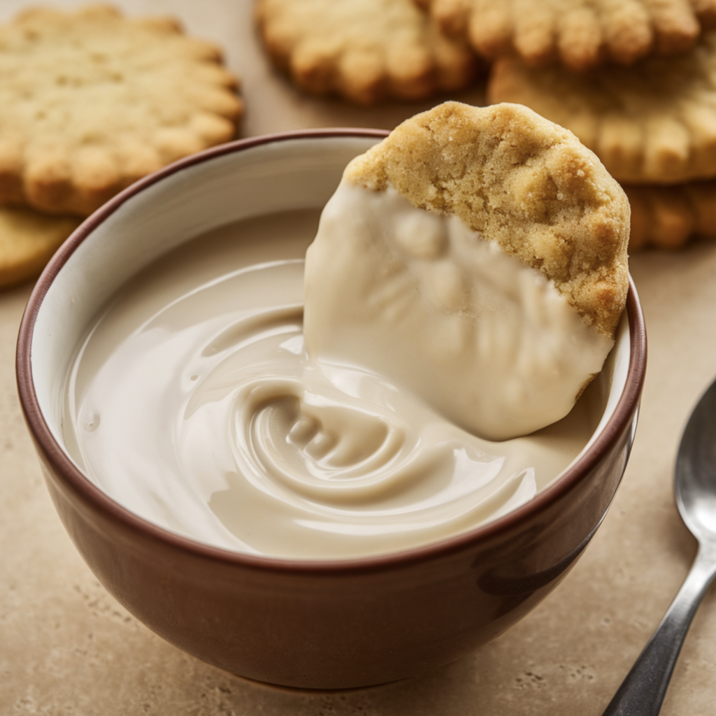 A bowl of smooth, melted white chocolate with cookies in the background, illustrating how to melt white chocolate for cookies.