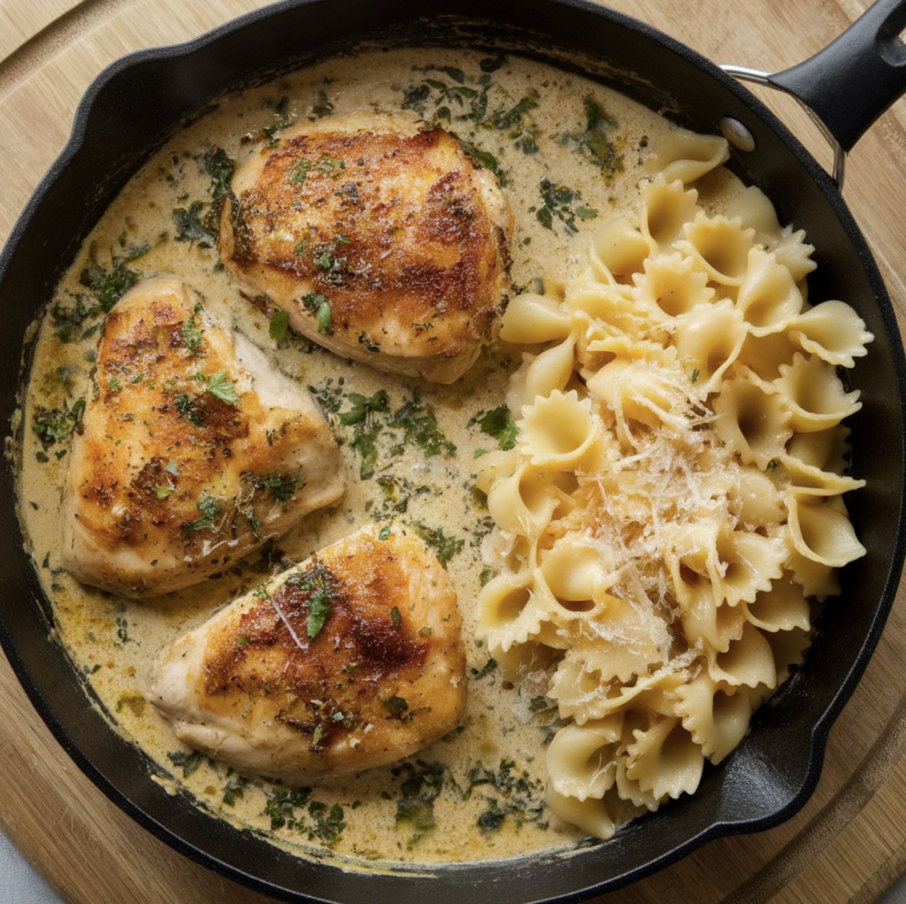 What is Marry Me Chicken made of? A creamy skillet of Marry Me Chicken garnished with fresh herbs and served with pasta.