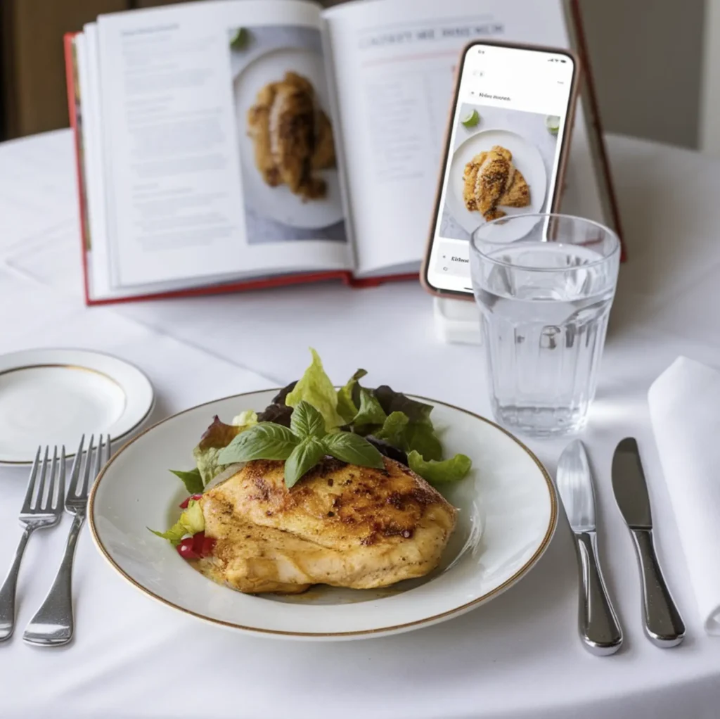 A plate of Marry Me chicken with leafy greens on a table, accompanied by a cookbook and a smartphone displaying the recipe.