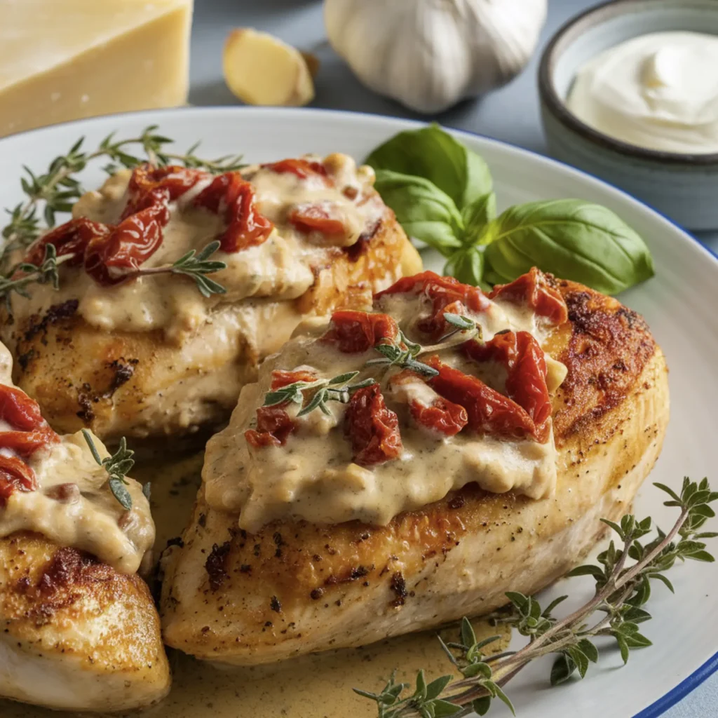 Marry Me chicken served with creamy sauce, sun-dried tomatoes, thyme, and fresh basil on a plate, with parmesan cheese and garlic in the background.