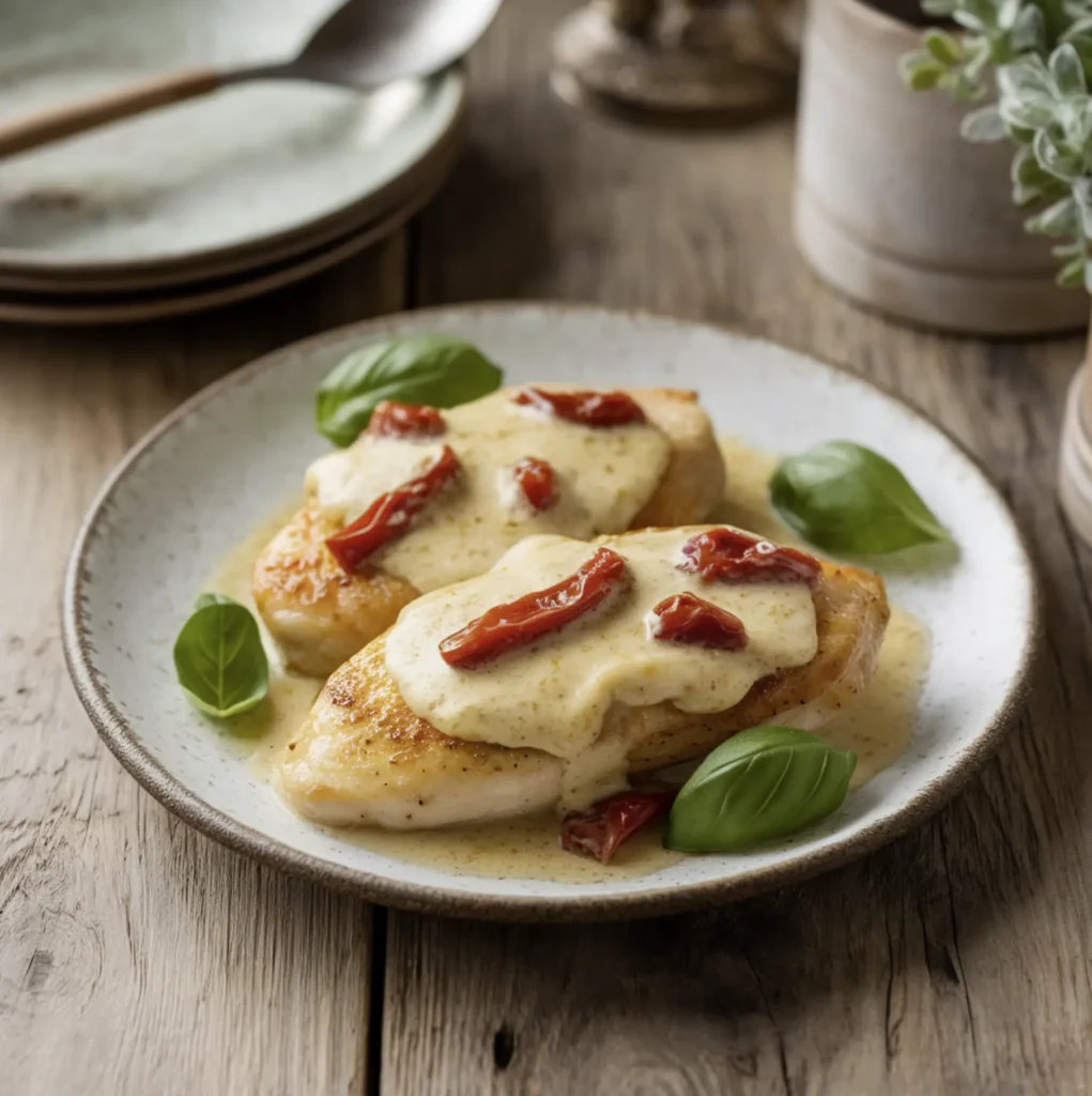 Juicy chicken breasts topped with creamy sauce, sun-dried tomatoes, and fresh basil leaves on a rustic wooden table