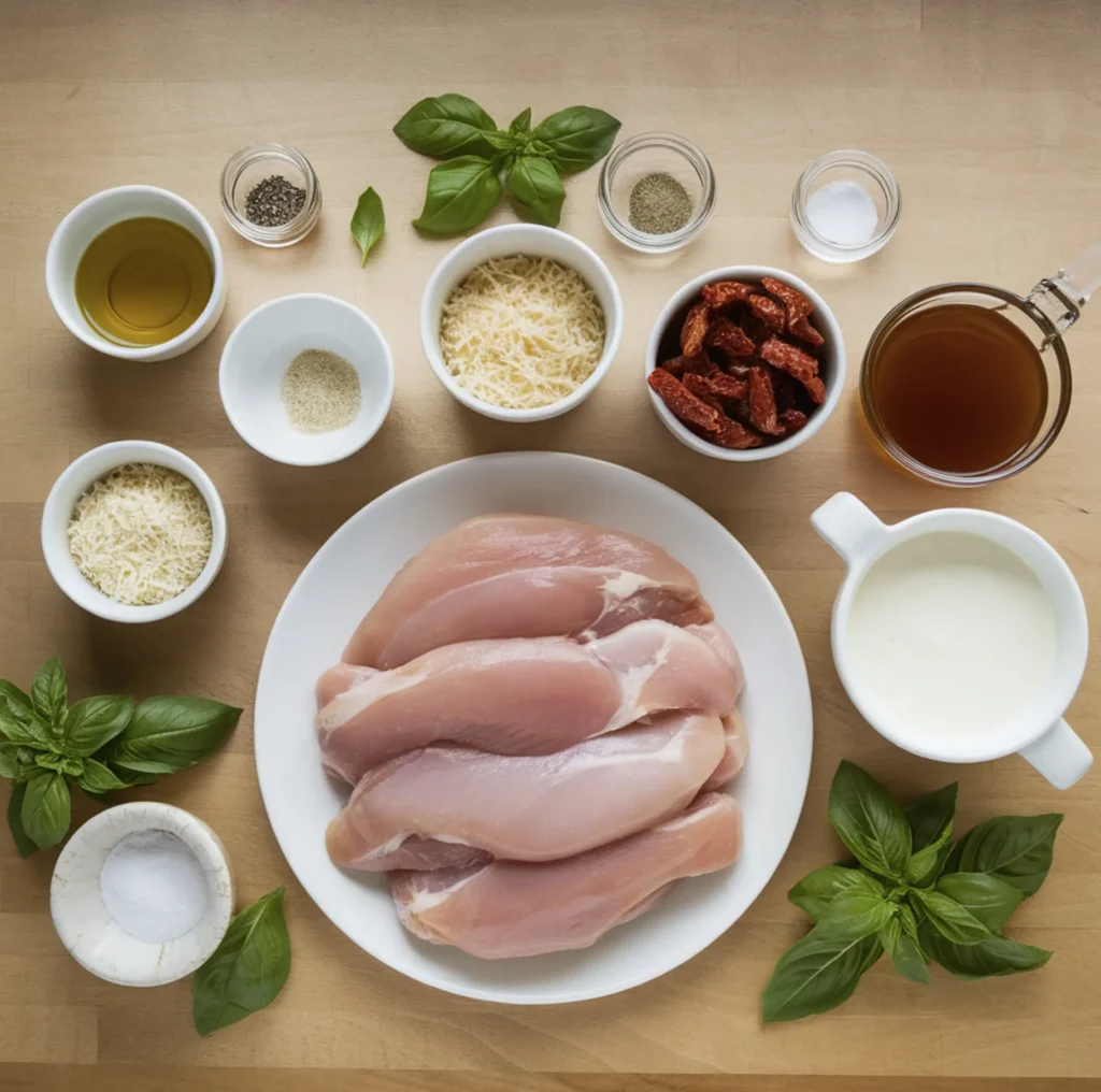 Juicy chicken breasts topped with creamy sauce, sun-dried tomatoes, and fresh basil leaves on a rustic wooden table.