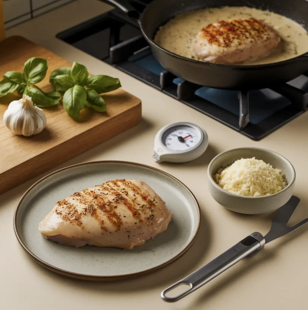 Juicy chicken breasts topped with creamy sauce, sun-dried tomatoes, and fresh basil leaves on a rustic wooden table.