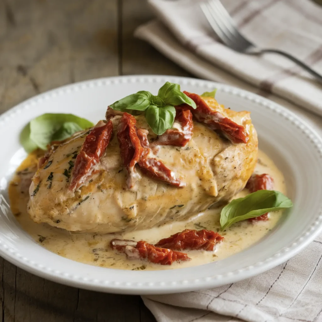 Marry Me Chicken Recipe - A seared chicken breast garnished with fresh herbs, garlic, and a lemon on a white plate.