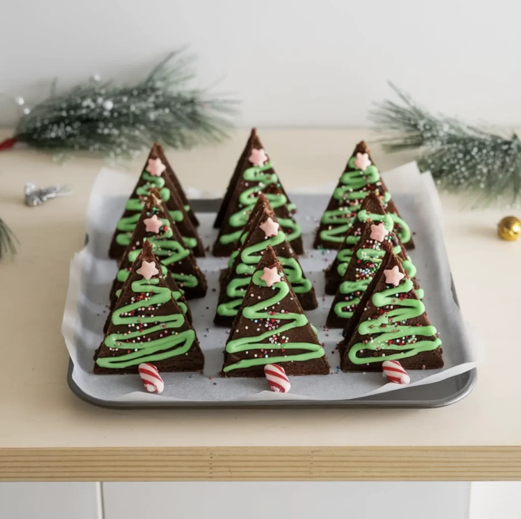 A festive display of Christmas tree brownies and cosmic brownies side by side, with subtle holiday decor.