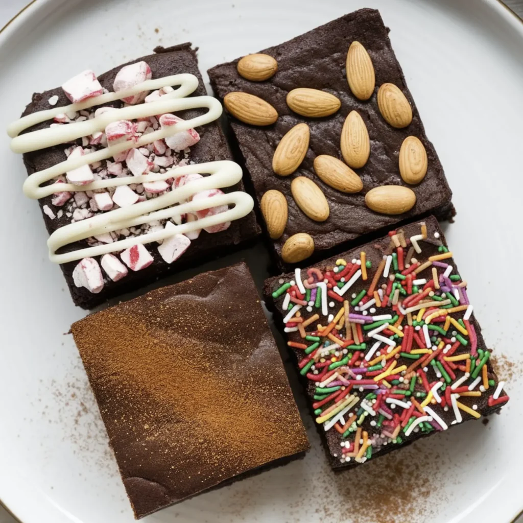 Christmas tree brownies decorated with green icing, sprinkles, candy stars, and candy cane trunks on a wooden table.