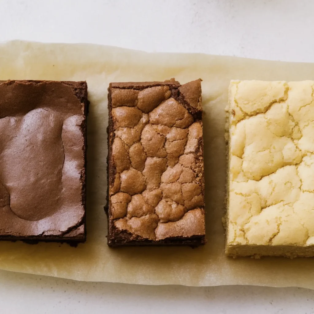 Four types of Christmas tree brownies: peppermint bark, gluten-free, sprinkled, and spiced, on a white plate.