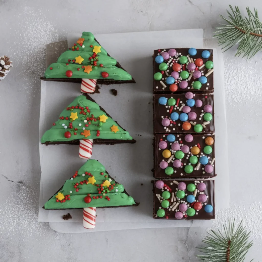 Triangular Christmas tree brownies and rectangular cosmic brownies displayed on separate plates.