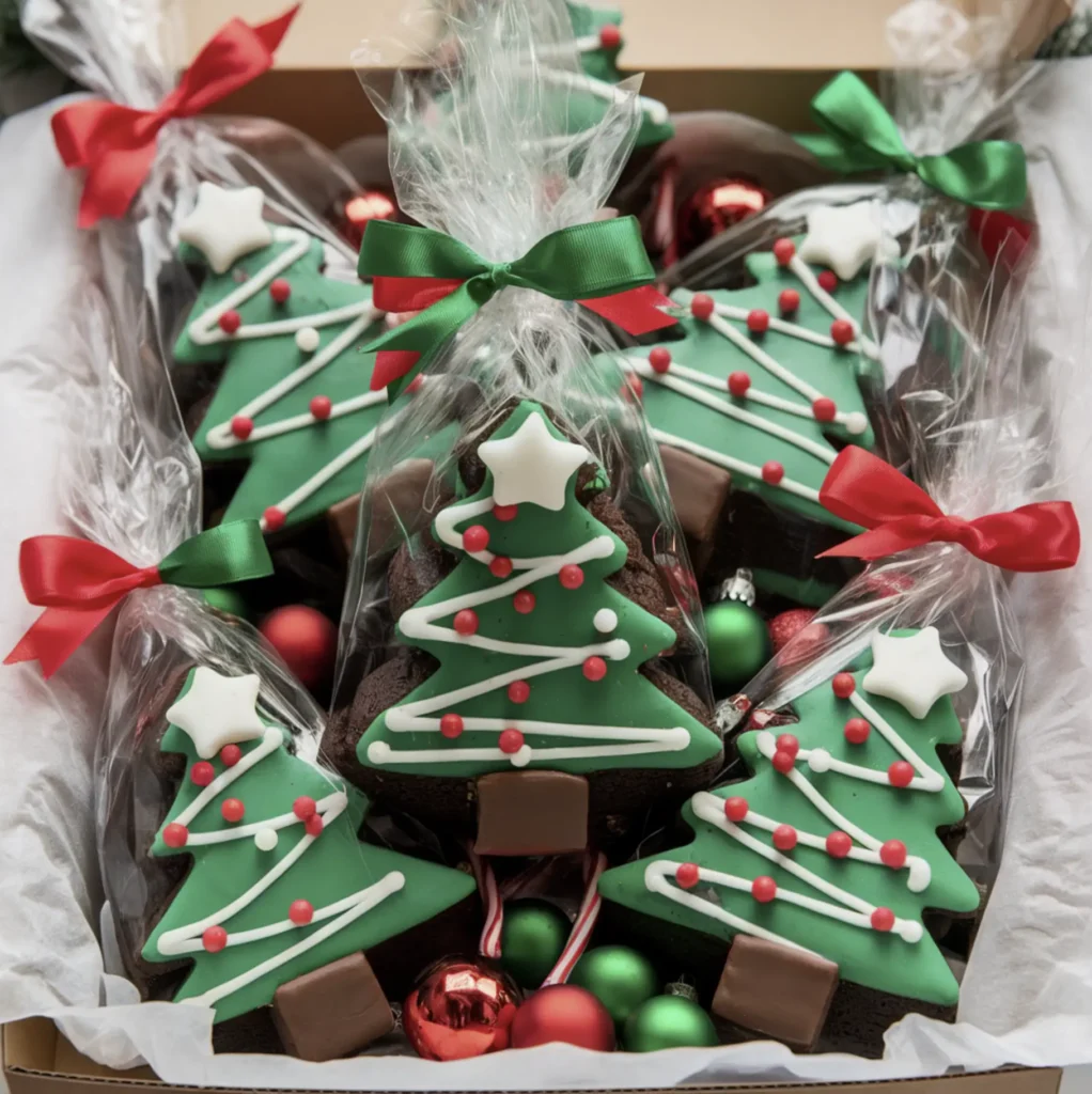 Wrapped Christmas tree brownies in cellophane with red and green ribbons, placed in a festive box lined with tissue paper.