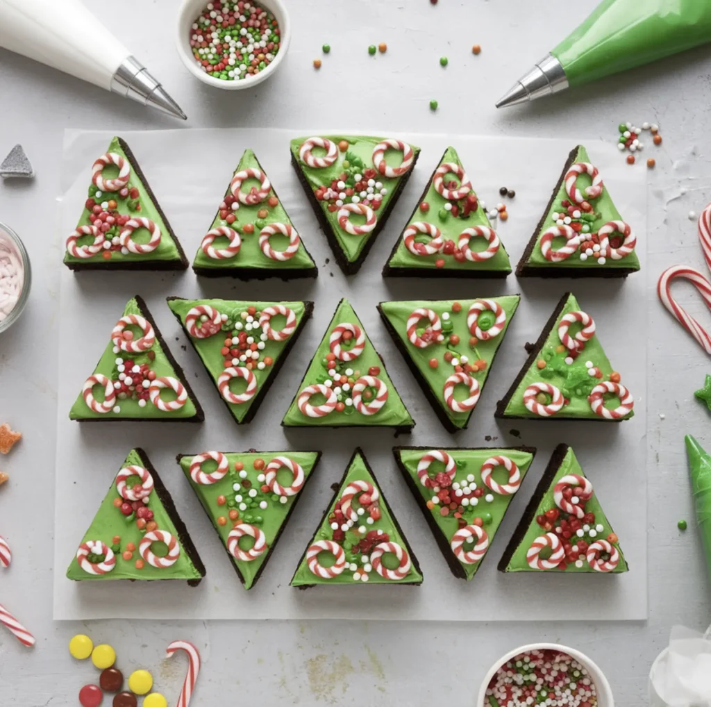 Triangular brownies decorated with green icing, sprinkles, and candy canes, surrounded by bowls of decorations and piping bags.