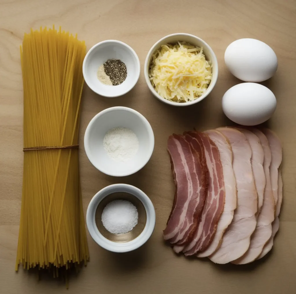 A flat lay of halal spaghetti carbonara ingredients, including spaghetti, grated cheese, black pepper, eggs, beef bacon, and salt, arranged on a wooden surface.