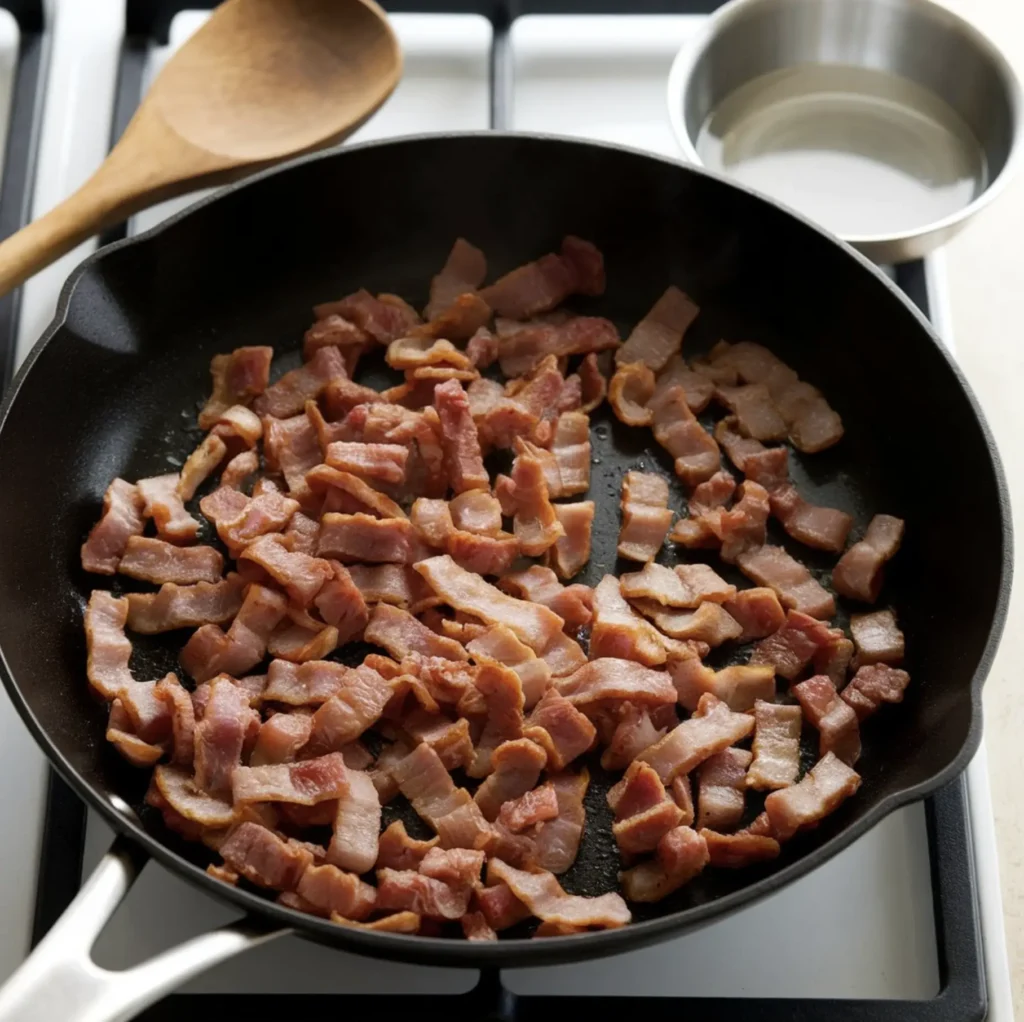 A skillet on a stovetop with crispy beef bacon for spaghetti carbonara, accompanied by pasta water in a small bowl.