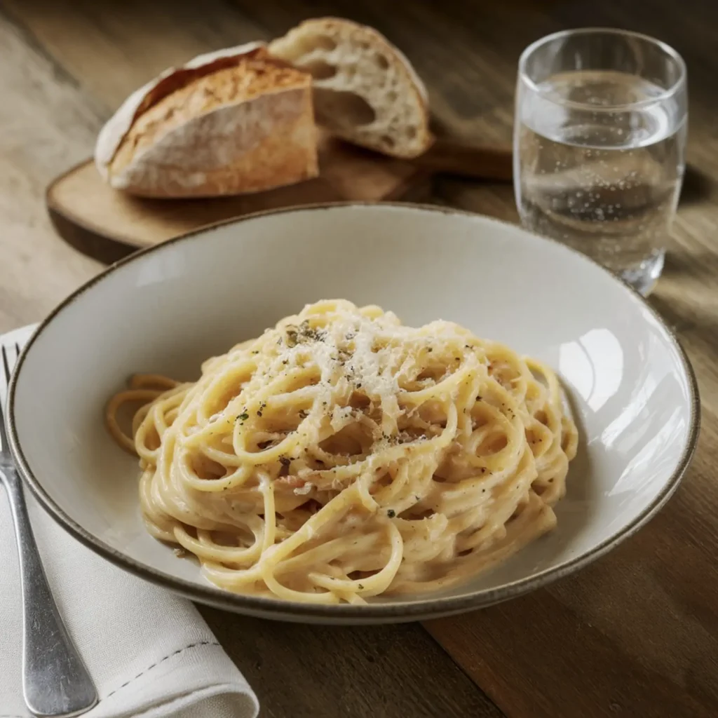 A bowl of creamy spaghetti carbonara with grated cheese and black pepper, paired with crusty bread and sparkling water.