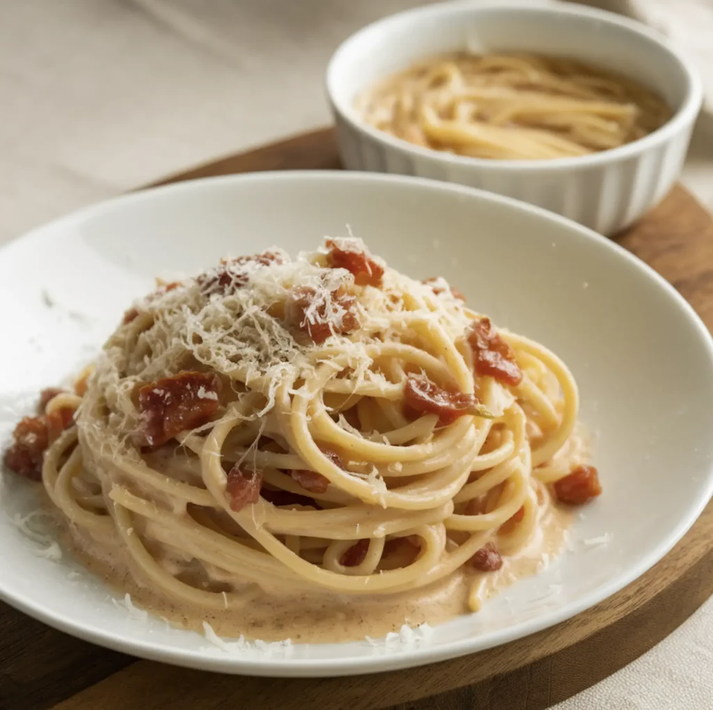 Plate of Spaghetti Carbonara topped with grated Pecorino Romano cheese and black pepper, surrounded by ingredients like guanciale, egg yolks, and Pecorino Romano.