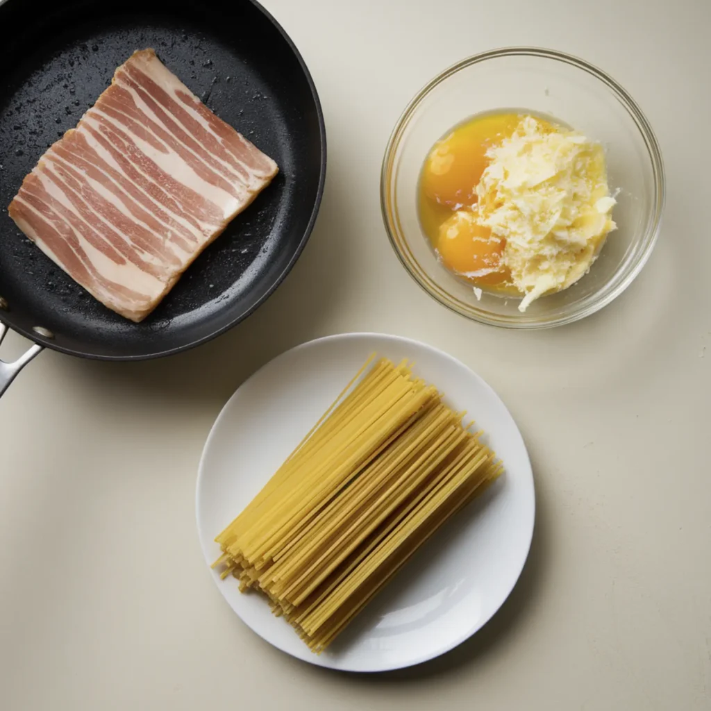 A beautifully presented plate of Spaghetti Carbonara with creamy pasta, topped with grated Pecorino Romano cheese and black pepper, surrounded by key ingredients like guanciale, Pecorino Romano, egg yolks, and cracked black pepper.