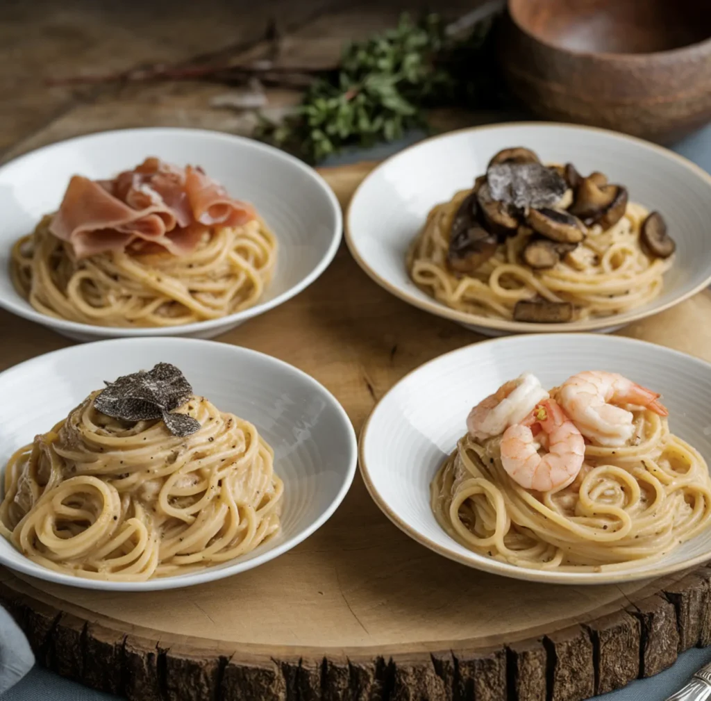 Four small plates of different Spaghetti Carbonara variations: traditional guanciale, vegetarian with mushrooms, seafood with shrimp, and a luxurious truffle oil version.