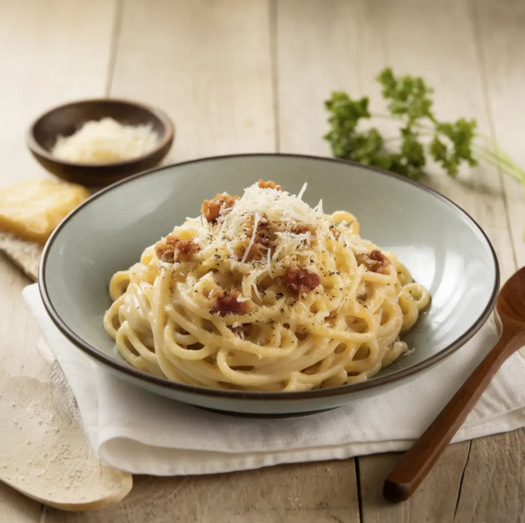 Pancetta vs Guanciale in Carbonara A beautifully plated bowl of spaghetti carbonara with creamy sauce, grated cheese, and black pepper, surrounded by key ingredients.