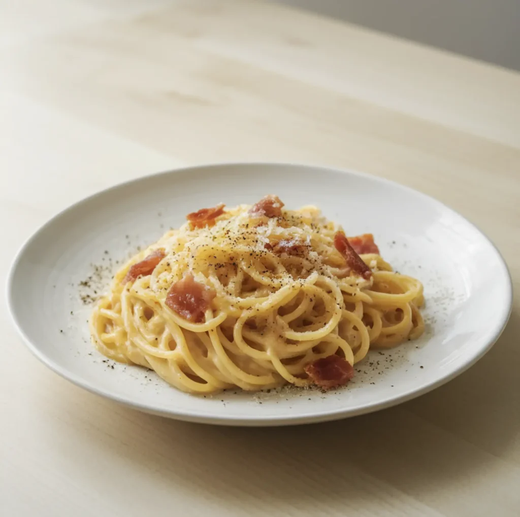 A plate of spaghetti carbonara with a creamy sauce made from eggs, cheese, and pasta water, garnished with crispy pancetta and black pepper.