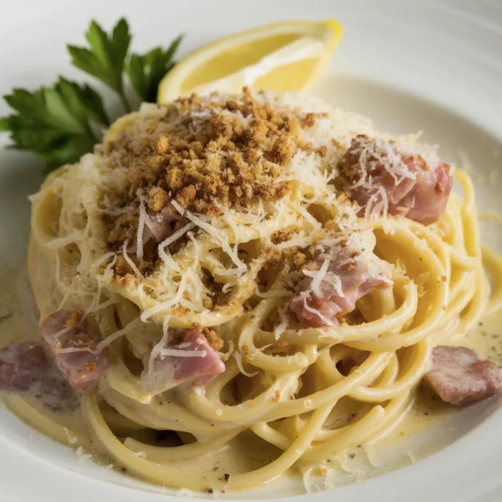 A photo of a plate of spaghetti carbonara. The pasta is covered in a creamy sauce with chunks of bacon and grated cheese.