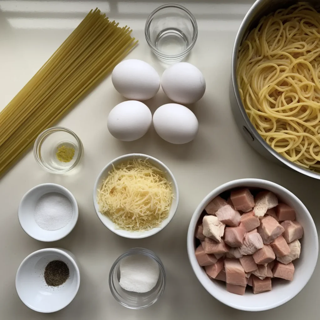 Ingredients for carbonara, including spaghetti, eggs, grated cheese substitute, diced chicken, and pasta water, arranged on a kitchen counter.