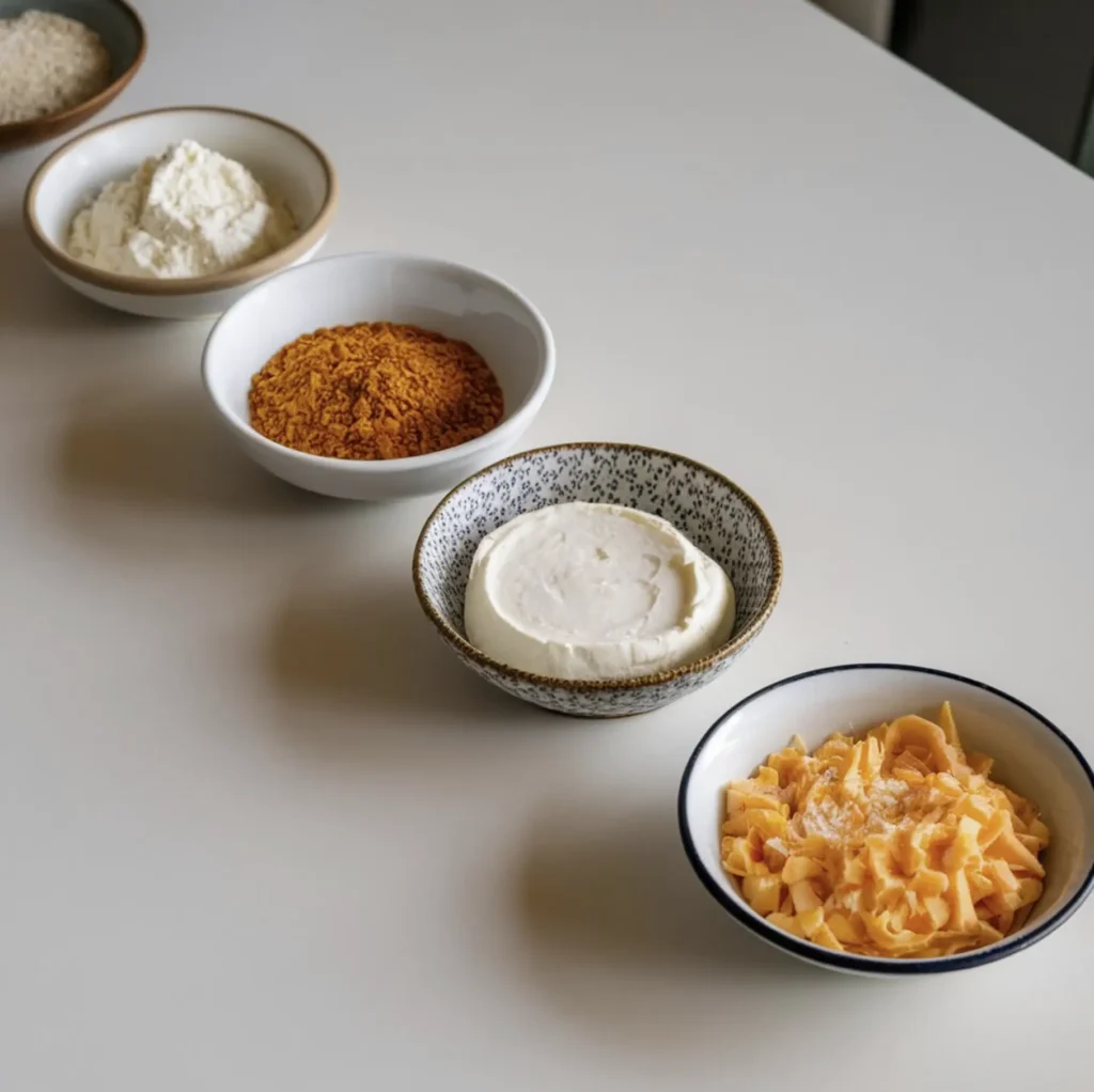 Five bowls with cheese substitutes for carbonara, labeled pecorino romano, nutritional yeast, Grana Padano, cream cheese, and vegan parmesan.