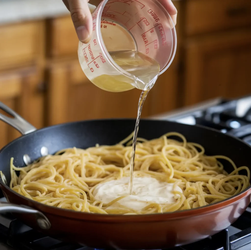 A hand pouring reserved pasta water from a measuring cup into a skillet with spaghetti and a creamy sauce forming.