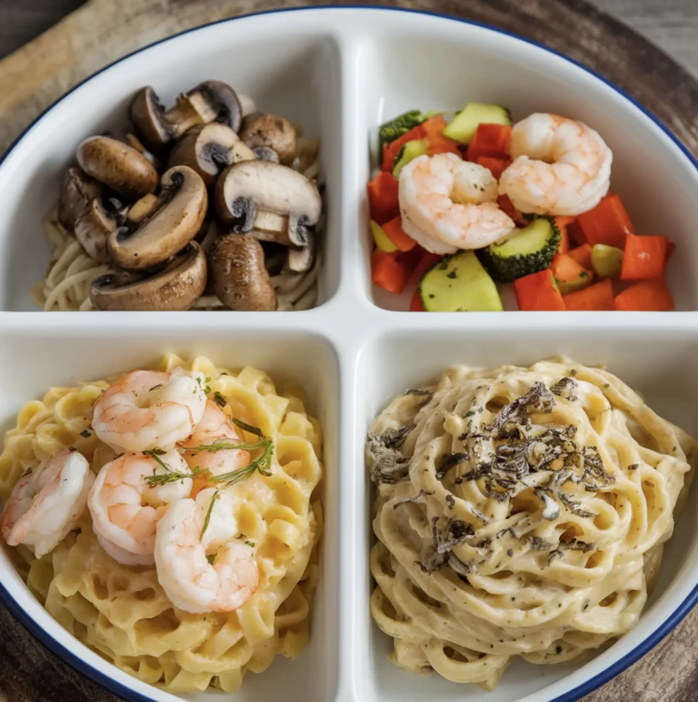 A plate divided into four sections, featuring carbonara variations with mushrooms, roasted vegetables, shrimp, and truffle oil.