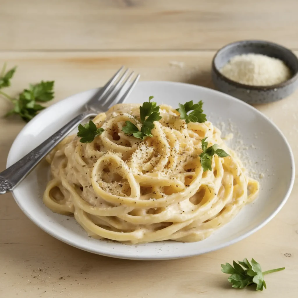 A plate of creamy carbonara without parmesan cheese, garnished with parsley and black pepper, served on a white dish with a fork.